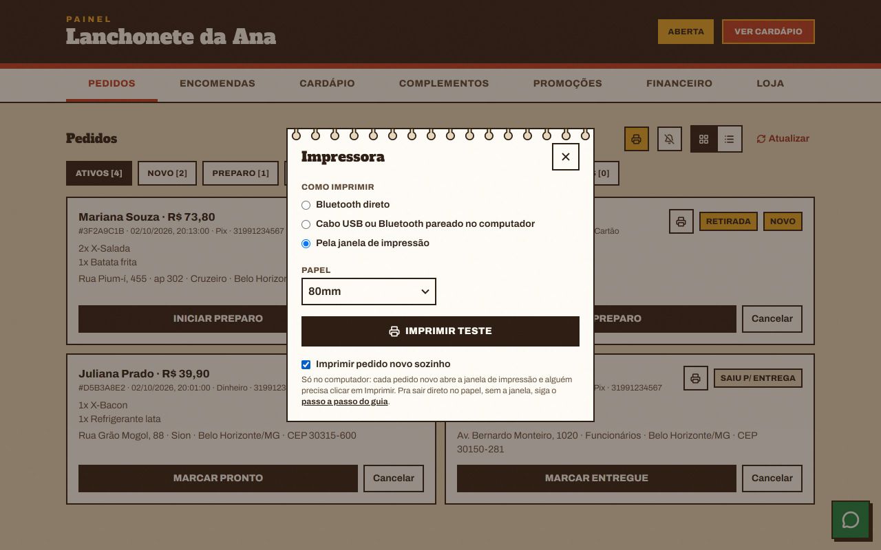 Diálogo Impressora no computador com Pela janela de impressão marcado, papel de 80mm e Imprimir pedido novo sozinho ligado