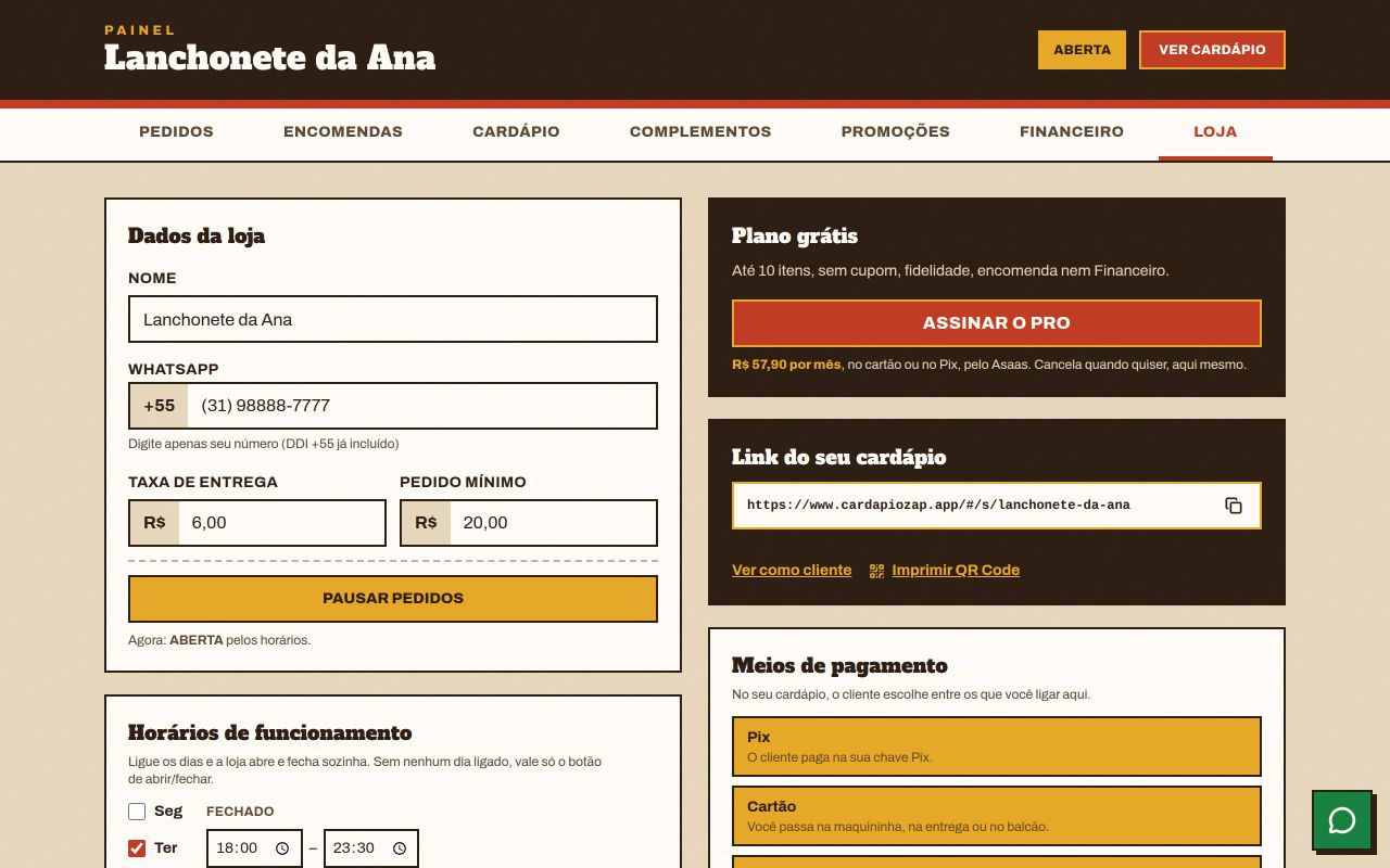 Aba Loja no computador: dados da loja, botão Pausar pedidos, horários de funcionamento, quadro do plano grátis, link do cardápio e meios de pagamento