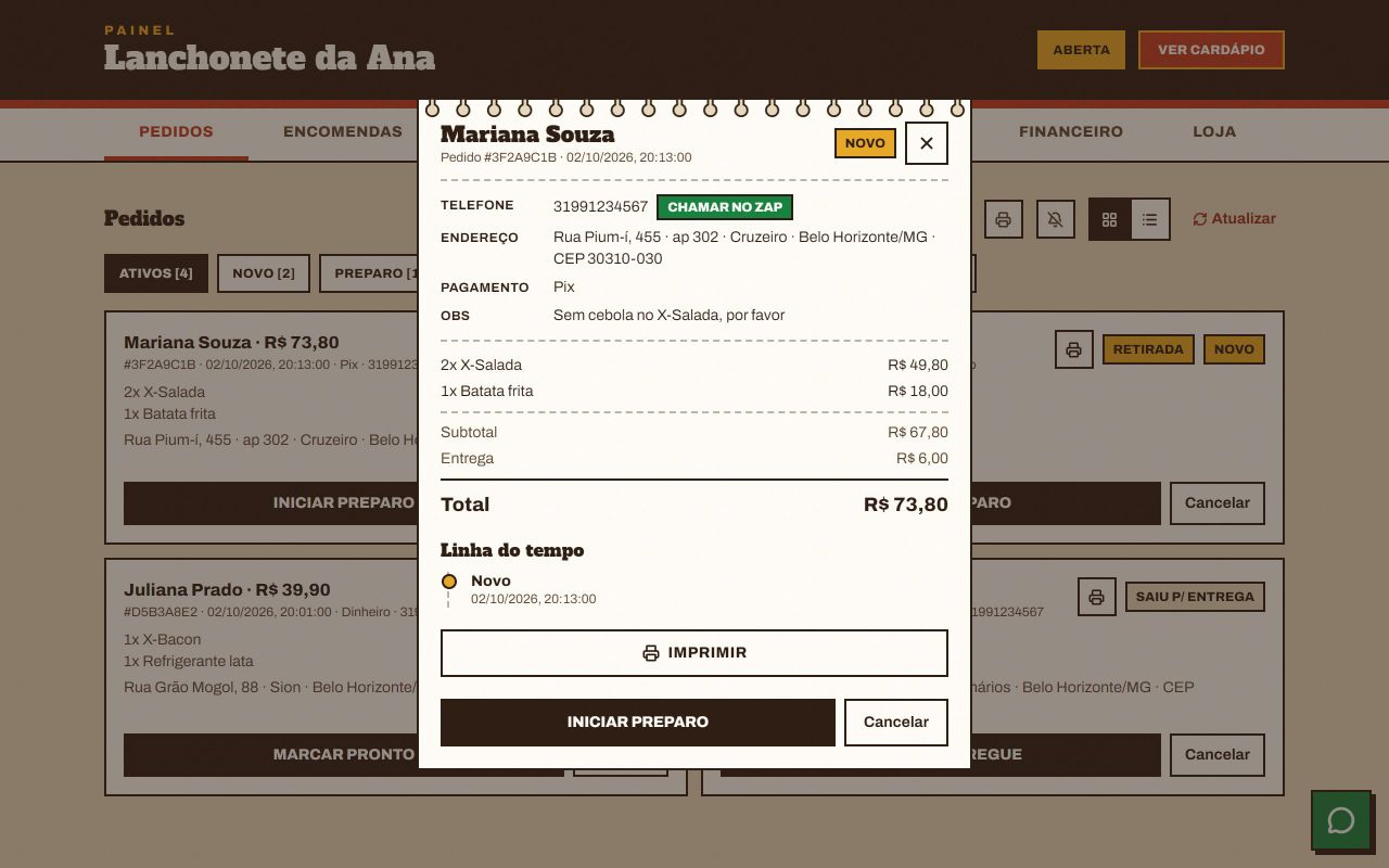 Pedido de Mariana Souza aberto: telefone com botão Chamar no zap, endereço, pagamento em Pix, observação sem cebola, itens, total de R$ 73,80 e linha do tempo