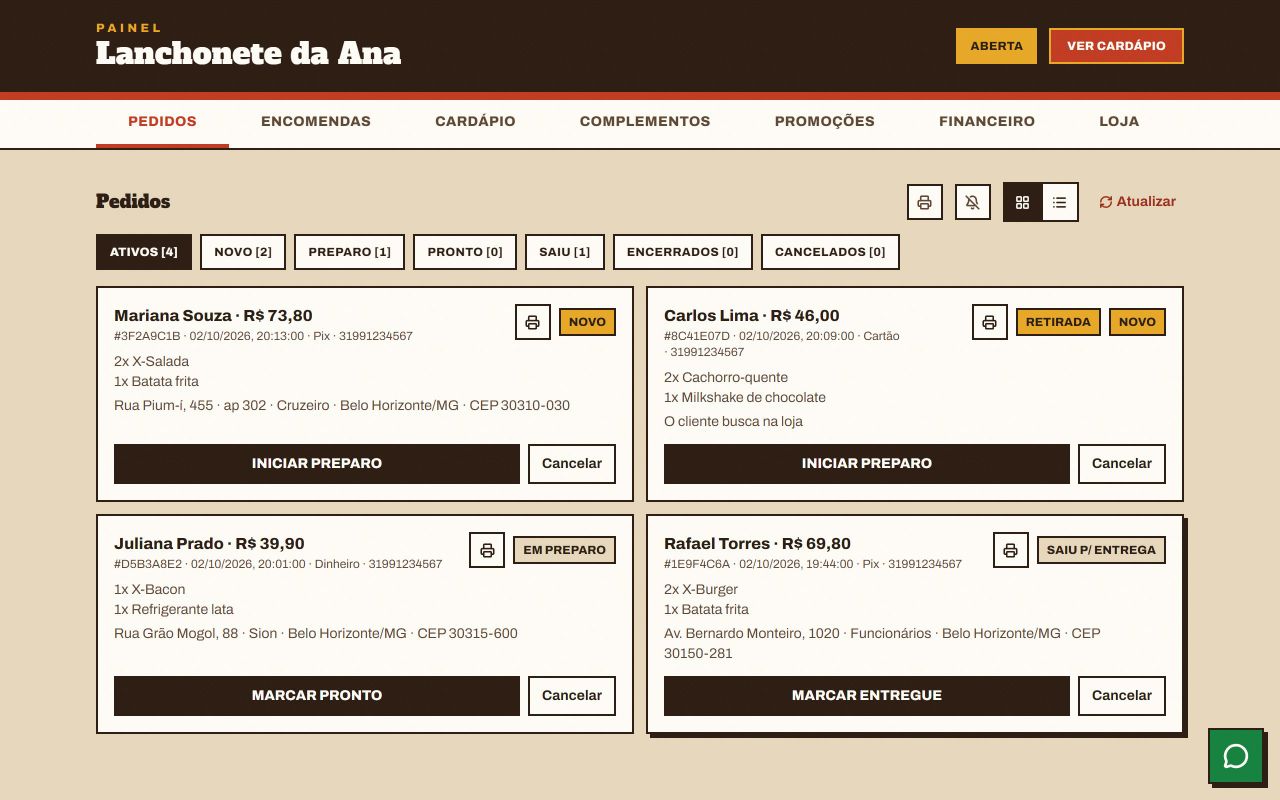Fila de pedidos no computador com quatro cartões: dois novos, um em preparo e um que saiu para entrega