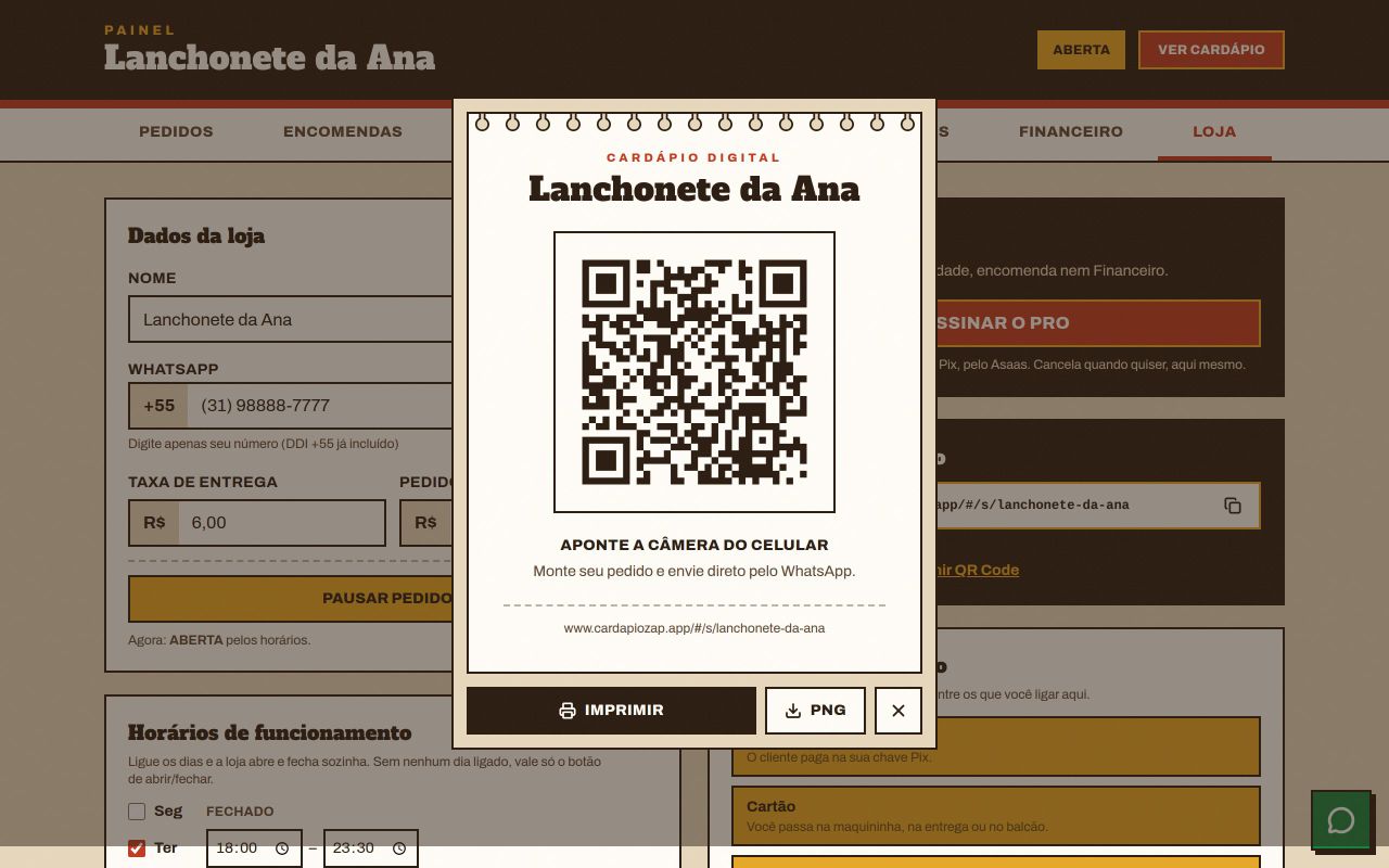 Cartaz do QR Code com o nome Lanchonete da Ana, a frase Aponte a câmera do celular e os botões Imprimir e PNG