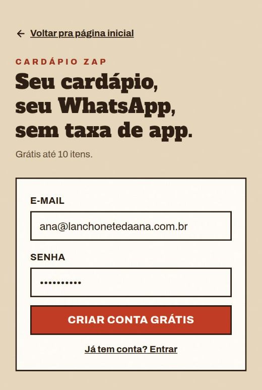 Tela de cadastro com campos de e-mail e senha e o botão Criar conta grátis