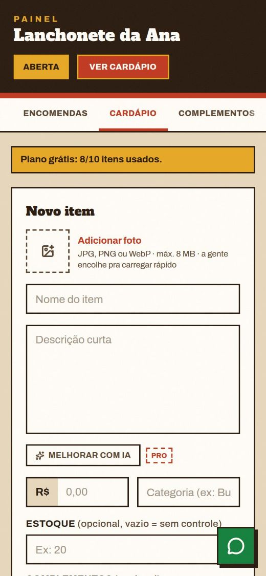Aba Cardápio no celular com a faixa de itens usados e o formulário Novo item