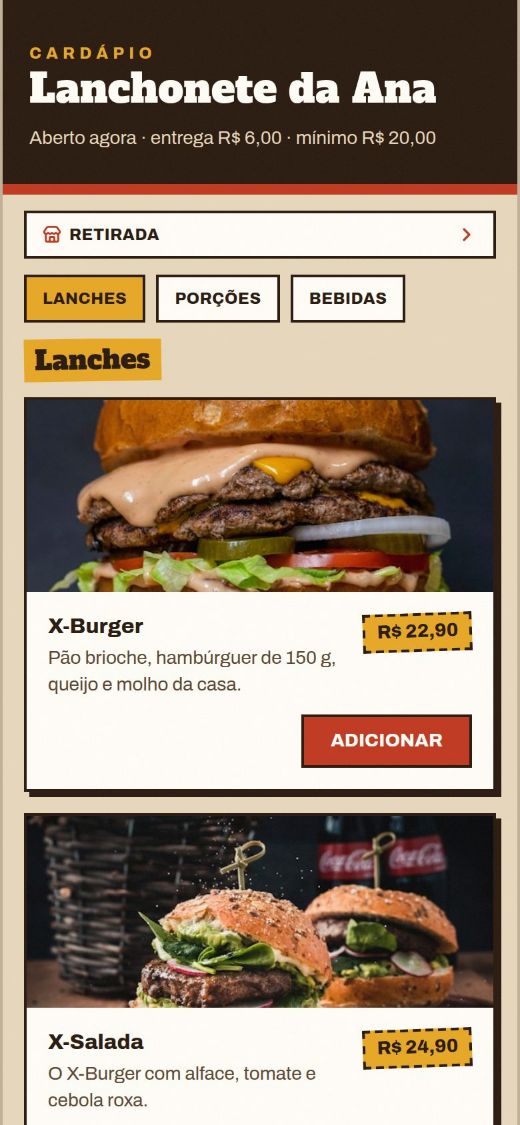 Cardápio público da Lanchonete da Ana com categorias Lanches, Porções e Bebidas e o X-Burger com foto e preço