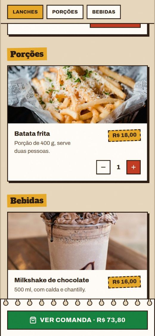 Cardápio com uma batata frita no carrinho e o botão Ver comanda com total de R$ 73,80