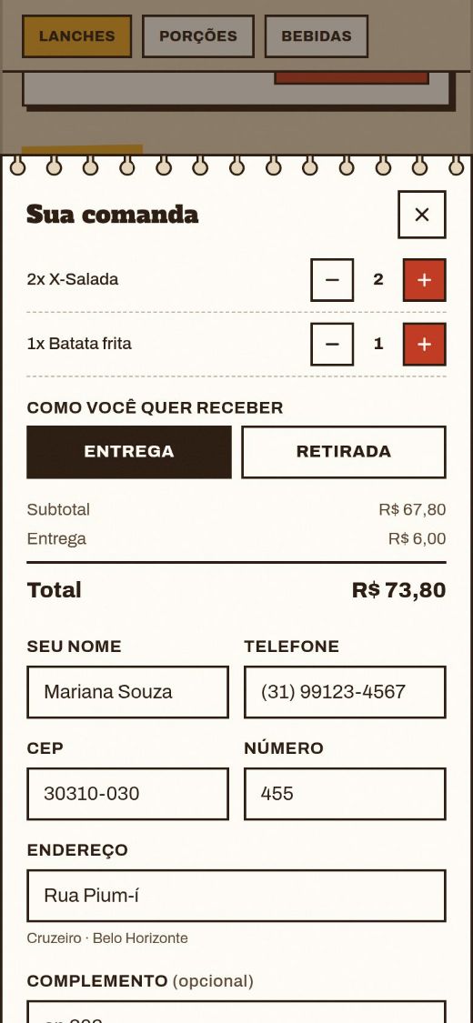 Comanda com 2 X-Salada e 1 batata frita, opção de entrega ou retirada, total de R$ 73,80 e campos de nome, telefone, CEP e endereço