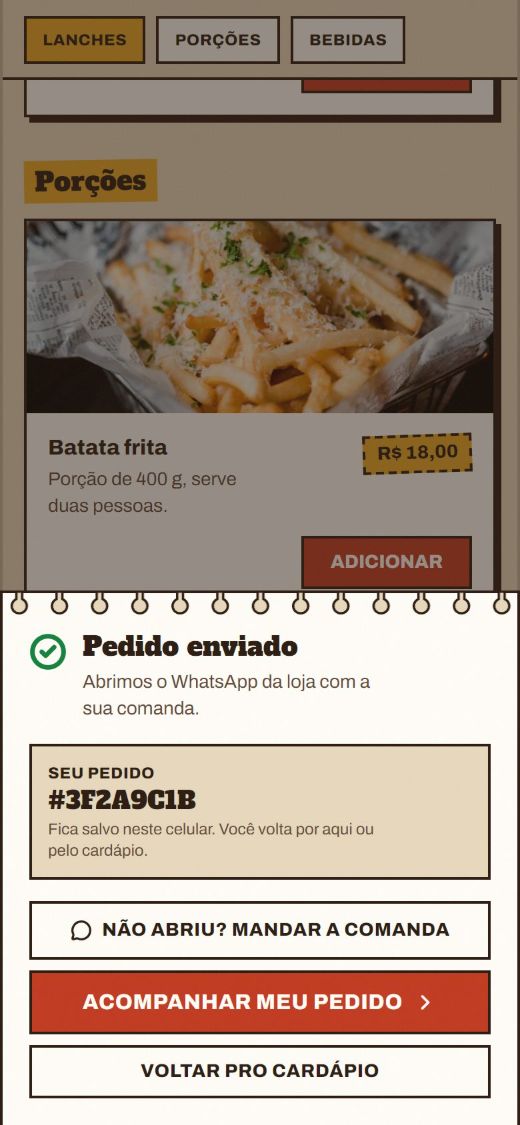 Tela Pedido enviado com o número do pedido e os botões Não abriu, Acompanhar meu pedido e Voltar pro cardápio