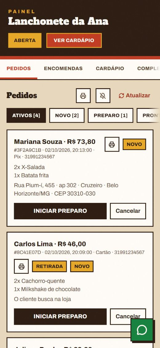 Fila de pedidos no celular com os cartões de Mariana Souza e Carlos Lima